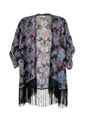 Midnight Floral Fringe Kimono Boho Festival Duster S/M